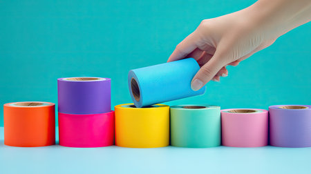 A hand picking up a roll of blue self-adhesive tape from a set of colorful tape rolls.の素材
