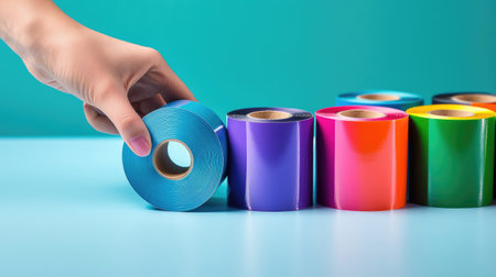 A hand picking up a roll of blue self-adhesive tape from a set of colorful tape rolls.の素材