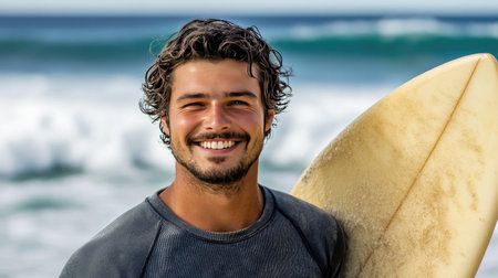 A happy young man standing proudly with his surfboard on the beach, the ocean waves crashing behind him.の素材