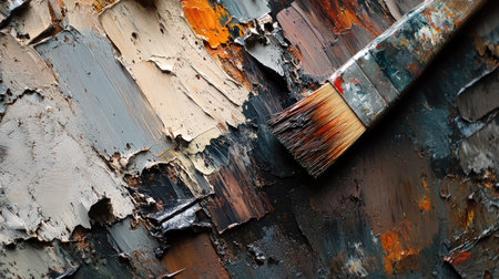 A palette knife and brush working together to mix thick oil paints on a textured palette.の素材