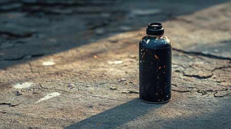 A lone black spray paint can standing upright on a textured concrete floor with paint splatters around.の素材