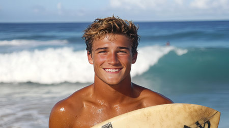 A happy young man standing proudly with his surfboard on the beach, the ocean waves crashing behind him.の素材