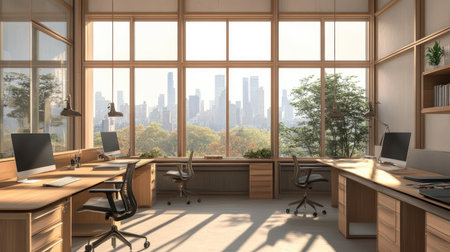 A minimalist workspace with simple desks, modern chairs, and a view of a city skyline through expansive windows.の素材