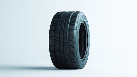 A high-quality car tire with sleek black rubber and visible branding, isolated on a simple background.の素材