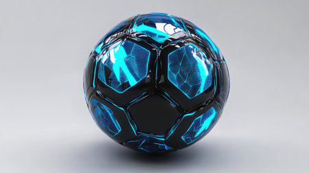 A glossy soccer ball with futuristic blue and black accents, floating against a white background.の素材