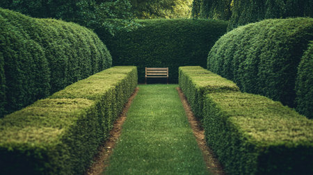 A peaceful shot of a green maze with tall bushes and a lone bench placed at a quiet corner.の素材