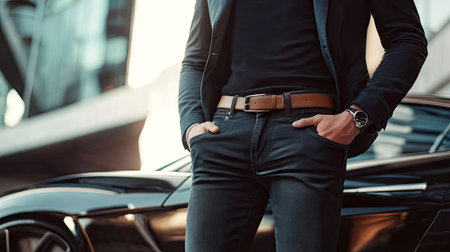 A man in dark jeans, a fitted blazer, and a minimalist belt, standing by a sleek sports car.の素材