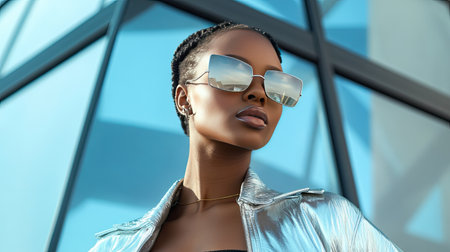 A modern woman in slim-fit sunglasses and a cropped jacket, standing against a futuristic glass structure.の素材
