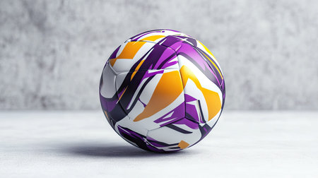 A modern soccer ball with a bold purple and yellow graphic design, resting on a clean white surface.の素材