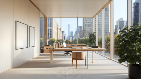 A minimalist workspace with simple desks, modern chairs, and a view of a city skyline through expansive windows.の素材