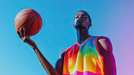 A player spinning a basketball on his palm, wearing a colorful jersey, isolated on a gradient blue background.の素材
