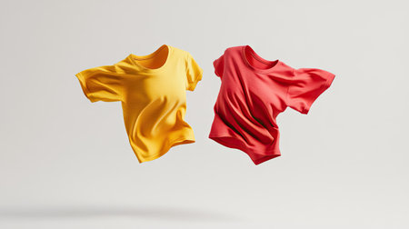 A pair of t-shirts, one red and one yellow, flying mid-air with intersecting folds, on a white background.の素材