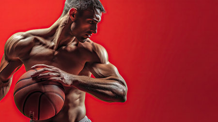 A muscular basketball player gripping the ball tightly, ready for action, against a gradient red background.の素材