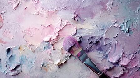 A palette covered in pastel shades, with a brush blending lavender and pink hues.の素材