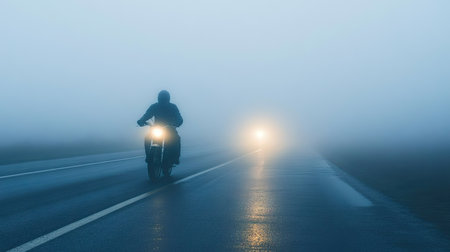 A motorbike rider silhouetted on a foggy highway, headlights glowing softly through the haze.の素材
