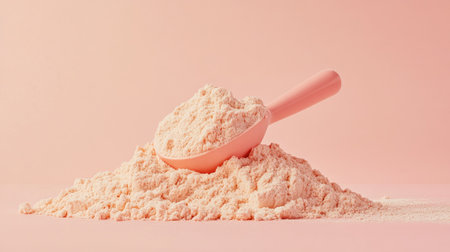 A pile of vanilla protein powder with a scoop resting on top, set against a neutral backdrop.の素材