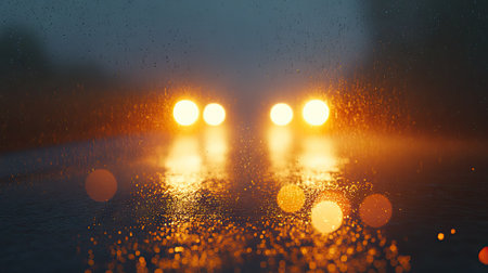A rainy highway in dense fog, with blurry reflections of headlights and taillights on the wet pavement.の素材
