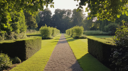 A peaceful green labyrinth with high hedges, casting shadows on the narrow gravel pathways.の素材