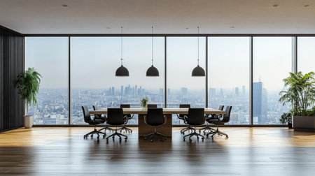 A modern conference room with a long wooden table, black chairs, and floor-to-ceiling windows offering a city view.の素材