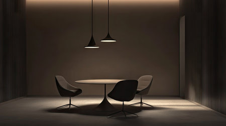 A minimalist meeting area with a round table, modern chairs, and sleek pendant lighting in an empty office space.の素材