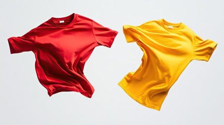 A pair of t-shirts, one red and one yellow, flying mid-air with intersecting folds, on a white background.の素材