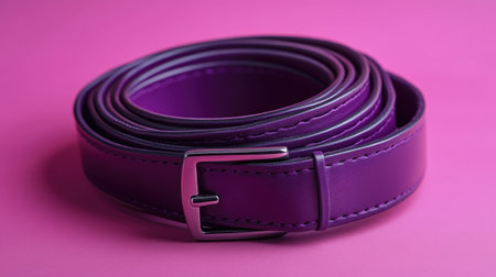 A minimalist display of a purple leather belt rolled neatly with its buckle facing forward.の素材
