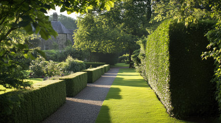 A peaceful green labyrinth with high hedges, casting shadows on the narrow gravel pathways.の素材