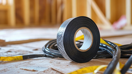 A roll of black electrical tape lying next to wires with fresh insulation work in progress.の素材