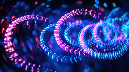 A mesmerizing dance of blue and pink lights swirling and fading in a dark space, creating a serene glow.の素材