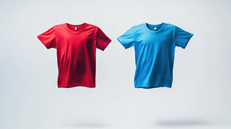 A red t-shirt and a blue t-shirt suspended together in mid-air, contrasting vividly against a white backdrop.の素材