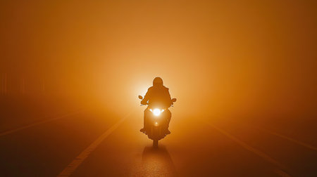 A motorbike rider silhouetted on a foggy highway, headlights glowing softly through the haze.の素材