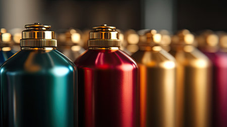 A metallic spray paint can reflecting light, standing out in a row of matte-colored cans.の素材