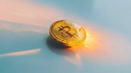 A golden bitcoin coin resting on its side, reflecting light, isolated on a white background.の素材
