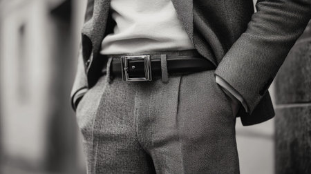 A modern man wearing a monochrome outfit, with a metallic belt buckle as the statement accessory.の素材