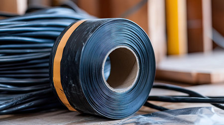 A roll of black electrical tape lying next to wires with fresh insulation work in progress.の素材
