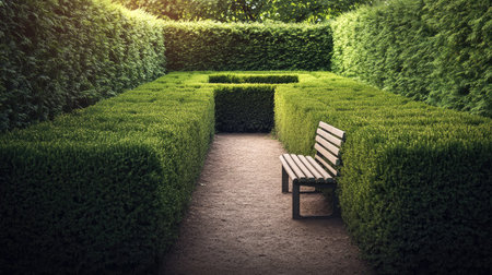 A peaceful shot of a green maze with tall bushes and a lone bench placed at a quiet corner.の素材