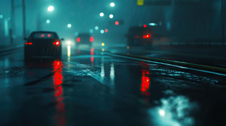 A rainy highway in dense fog, with blurry reflections of headlights and taillights on the wet pavement.の素材