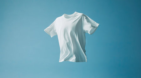 A plain white t-shirt with its sleeves flared out, captured mid-air in a perfectly centered composition.の素材