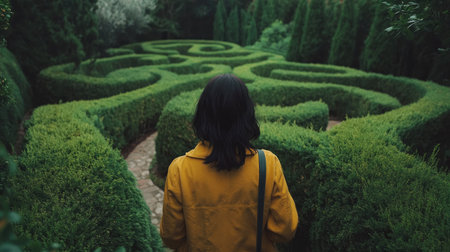 A person standing at the entrance of a green bush maze, looking at the winding paths ahead.の素材
