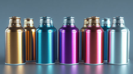 A metallic spray paint can reflecting light, standing out in a row of matte-colored cans.の素材