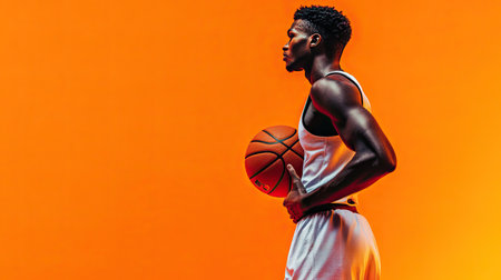 A player holding a basketball behind his back, wearing a jersey and shorts, against a vibrant orange backdrop.の素材