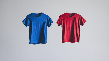 A red t-shirt and a blue t-shirt suspended together in mid-air, contrasting vividly against a white backdrop.の素材