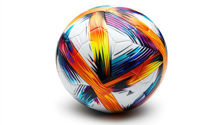 A professional match soccer ball with FIFA-certified markings and sharp lines, isolated on white.の素材