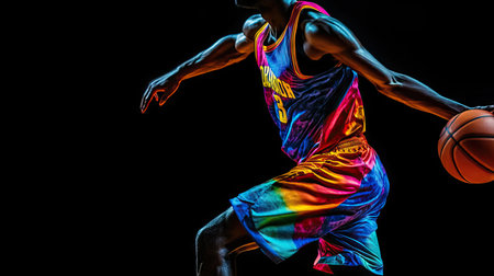 A player in mid-dribble, holding the basketball in one hand, wearing a vibrant jersey, isolated on a black background.の素材