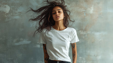 A plain white t-shirt captured as if gently falling, with natural folds and dynamic motion.の素材
