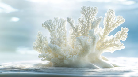 A pristine white coral piece isolated against a bright background, showing its organic shape and fine detail.の素材