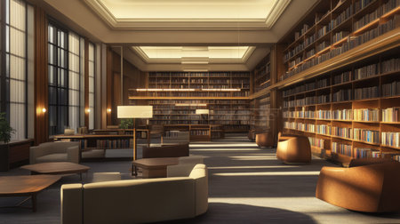 A quiet office library with rows of bookshelves, comfortable seating, and soft lighting in a modern design.の素材