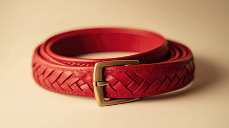 A red leather belt with a braided texture laid flat diagonally on a simple beige background.の素材
