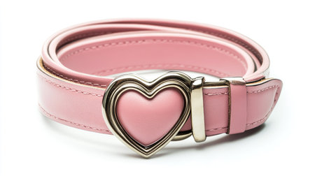 A pink leather belt with a heart-shaped buckle isolated on a clean white background.の素材