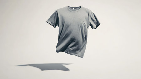 A plain gray t-shirt floating gracefully in mid-air, with natural shadows below on a white surface.の素材